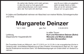 Traueranzeige von Margarete Deinzer von Pegnitz-Zeitung